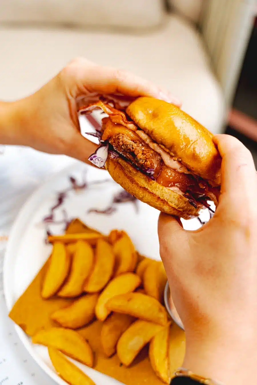 persona che ha in mano un hamburger con sotto delle patatine fritte